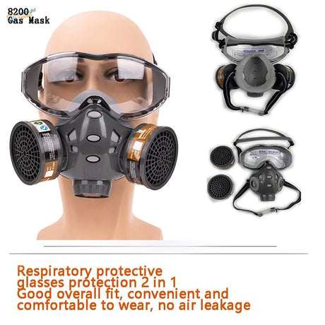 Black and gray 8200 face dust mask with goggles and filters