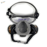 Gray and black face dust mask with cylindrical filters and safety glasses