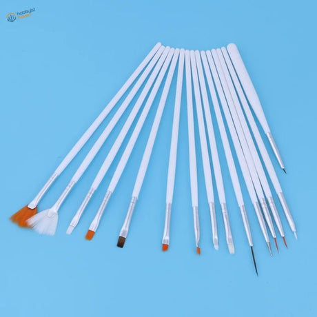 Set of 15 special shape brushes with white handles and assorted bristle colors