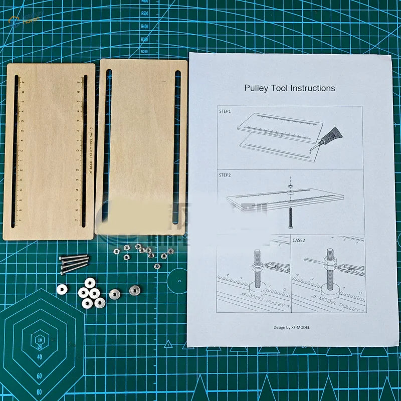 Light-colored wooden ship model pulley block fixator tool kit with metal screws nuts and washers for assembly