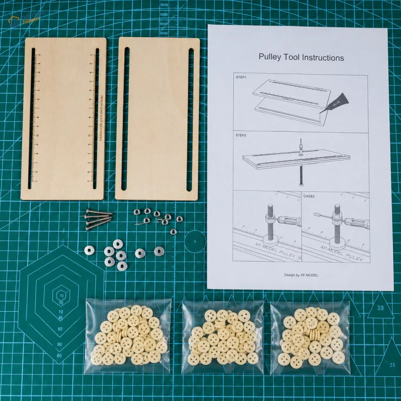 Wooden pulley block fixator tool kit with beige buttons and metal hardware components for ship model building