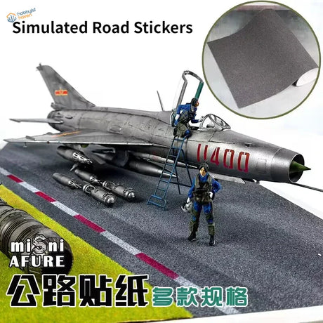 Gray simulated asphalt stickers with red white road markings for dioramas