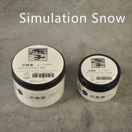 Two white Simulated Snow jars with black lids for scale modeling tools
