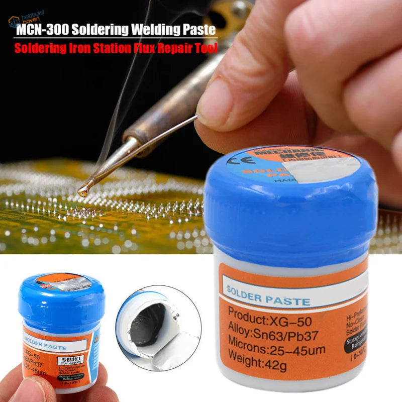 Sn63 Pb37 solder paste jar with blue orange MCN-300 label