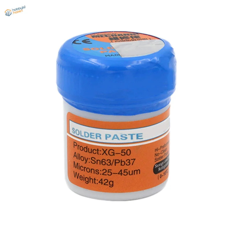 Sn63/Pb37 solder paste in small white jar with blue lid and orange label