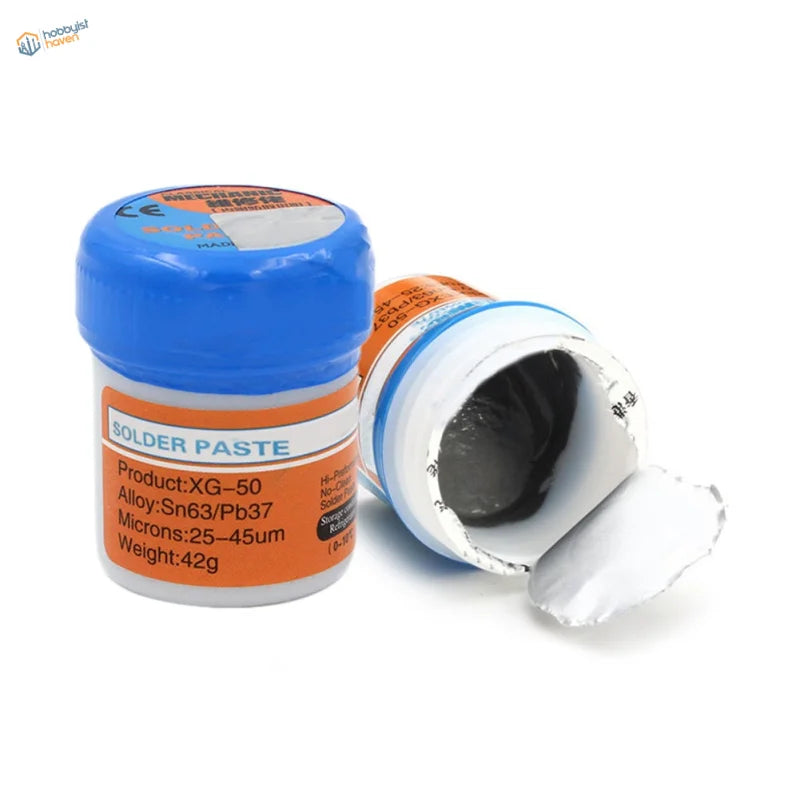 Blue-capped Sn63/Pb37 solder paste jar with orange label