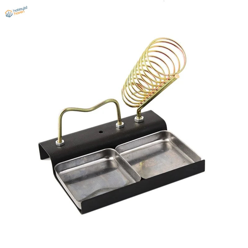 Black metal soldering iron support station with gold spring holder