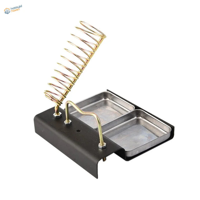 Black metal soldering iron support station with gold spring and steel trays