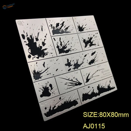 Splashing sludge stencils: silver metal sheet with black ink splatter grid