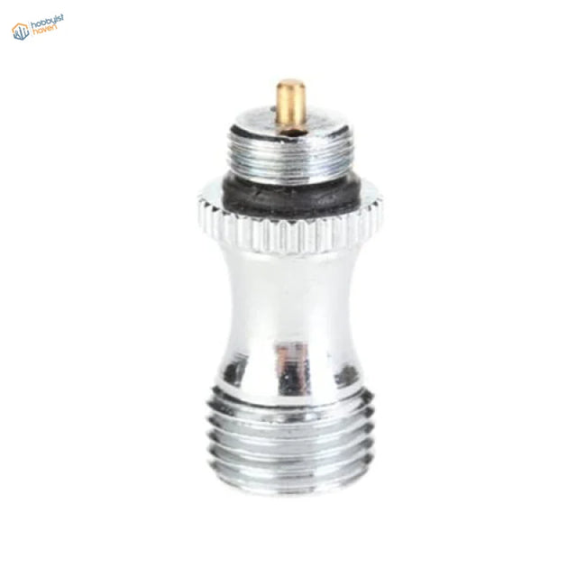 Chrome-finished stainless steel air valve adapter with brass pin and black rubber seal