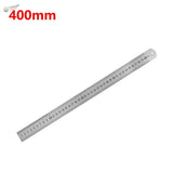 A sleek 400mm stainless steel ruler with precise black markings and a rounded end hole for scale modeling