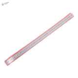 A sleek stainless steel ruler with a pink plastic edge and clear black measurement markings for scale modeling