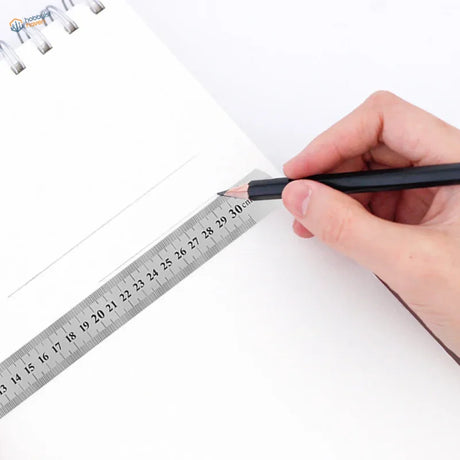 A sleek metallic silver stainless steel ruler with clear black centimeter markings for scale modeling use