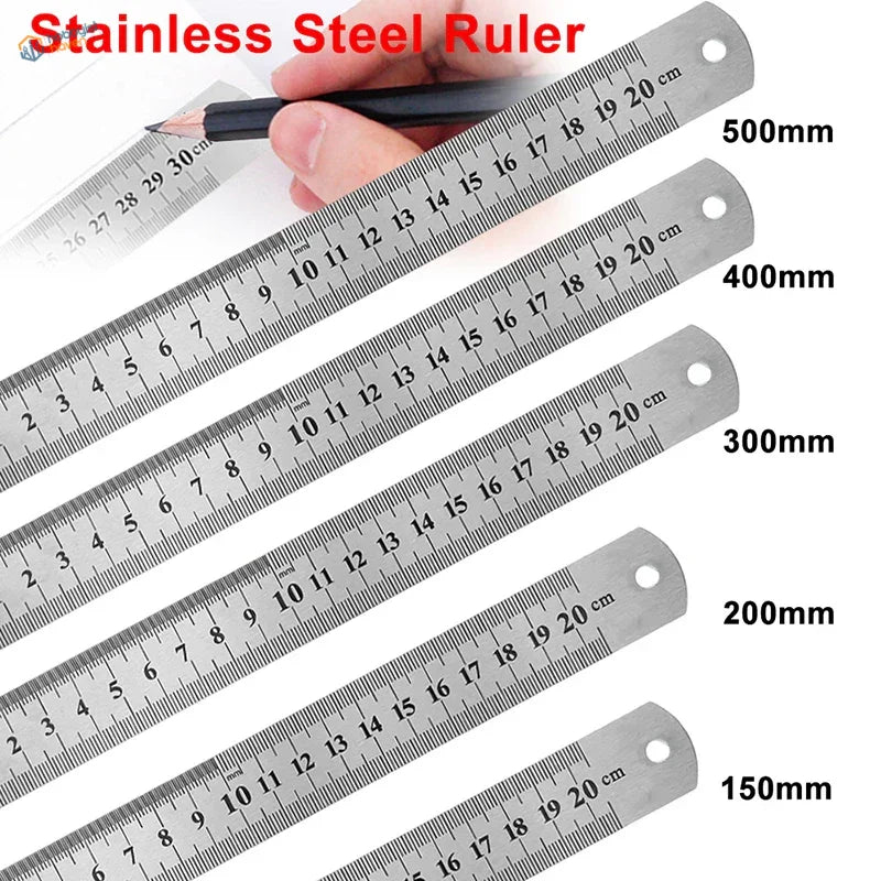 Set of stainless steel rulers with precise metric markings and sleek metallic finish for scale modeling
