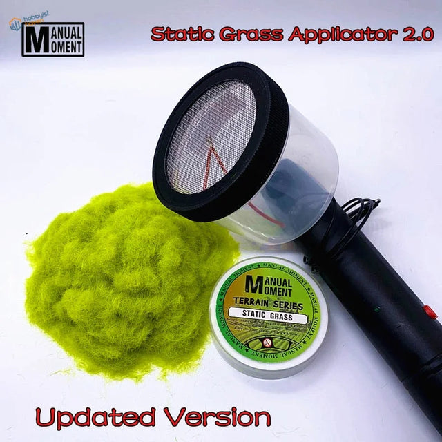 Static grass applicator 2.0 with black handle, clear body, black mesh screen