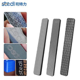 Three Stedi #320-#1000 grit glass files with gray abrasive textures