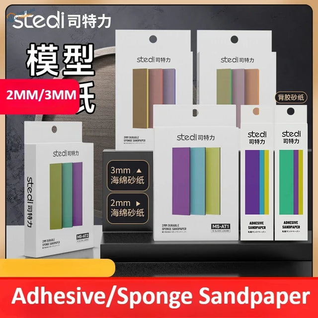 Stedi adhesive sandpaper and 2-3mm sanding sponges in vibrant colors