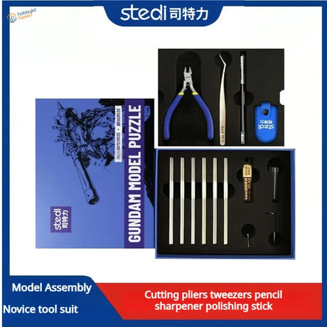 Blue and silver stedi gundam model puzzle kit with precision hobby tools for assembly and scale modeling tools set