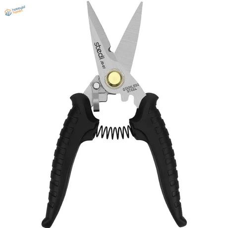 Black-handled stedi heavy-duty multipurpose hobby shears with stainless steel blades and gold pivot for precision hobby tools