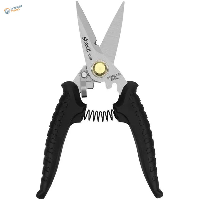 Black-handled stedi heavy-duty multipurpose hobby shears with stainless steel blades and gold pivot for precision hobby tools