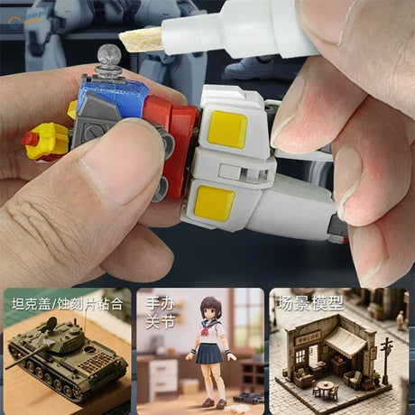 White and yellow Gundam model arm painted with Stedi joint reinforcement pen