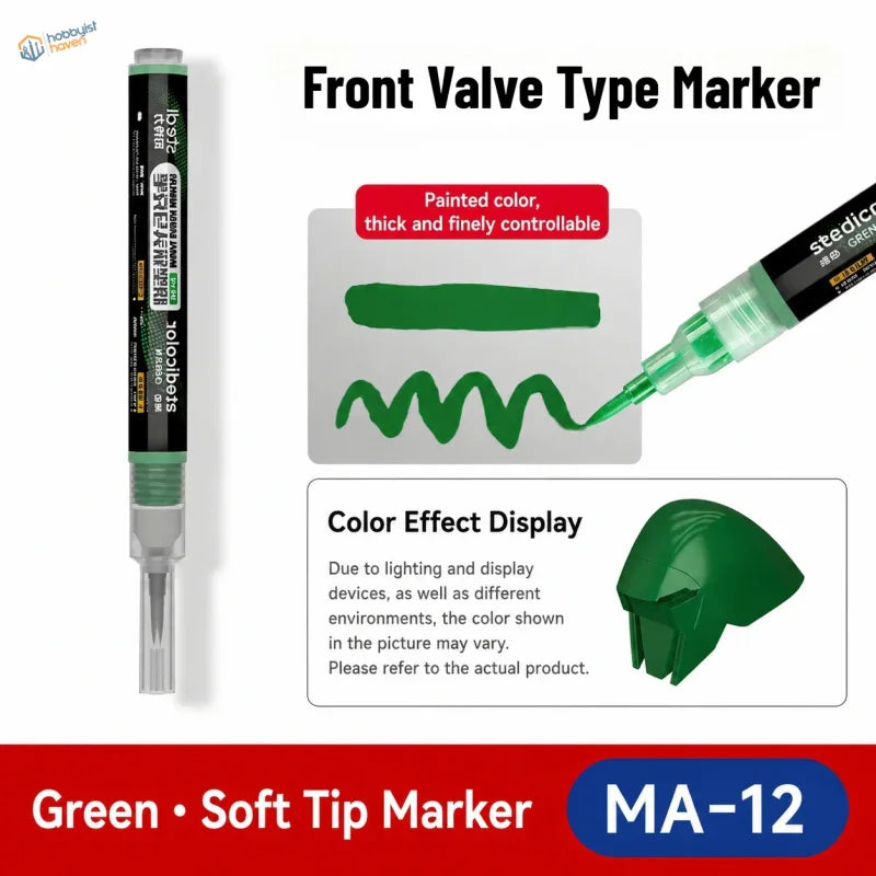 Green Stedi MA-12 soft tip paint marker with direct ink and fine tip for precise scale models painting