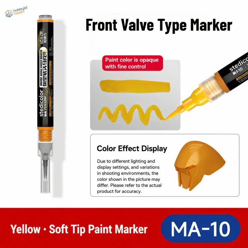 Yellow stedi ma-10 soft tip paint marker with fine control nozzle for precise direct ink application on scale models