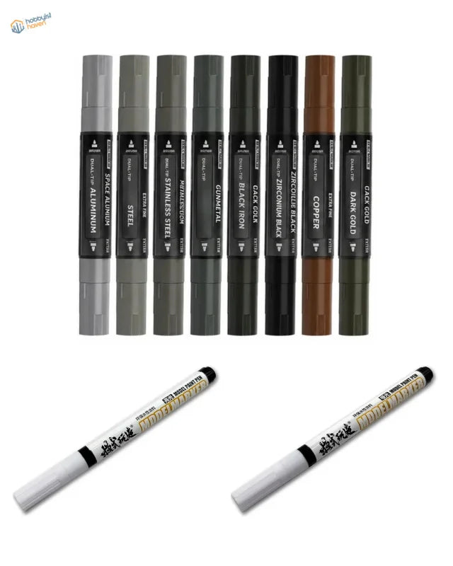 Complete set of 8 Stedi dual-tip metallic paint markers plus 2 clear varnish marker pens (gloss and matt) on a white background