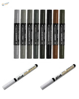 Complete set of 8 Stedi dual-tip metallic paint markers plus 2 clear varnish marker pens (gloss and matt) on a white background