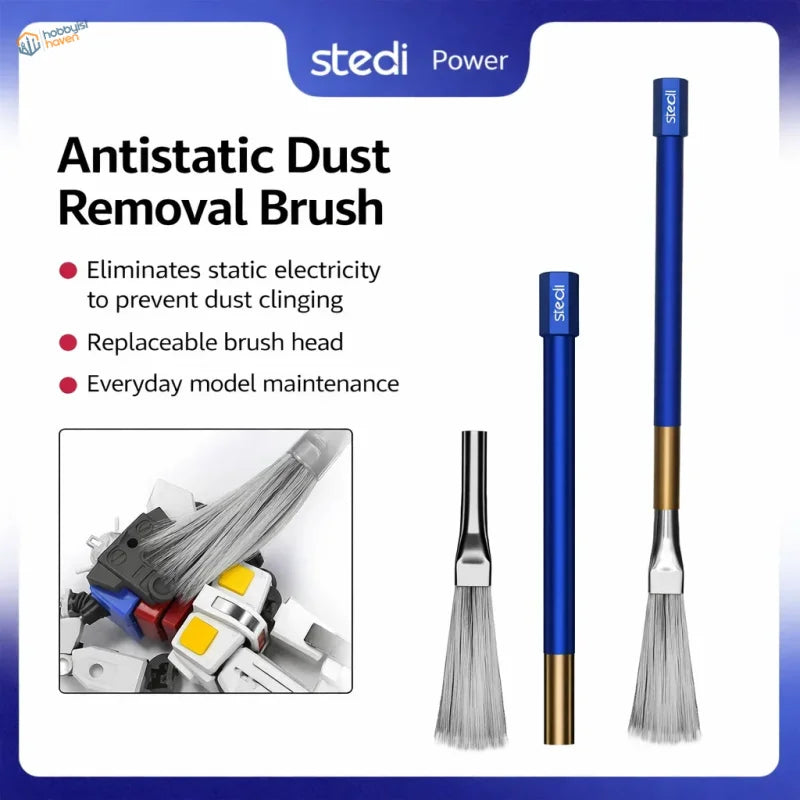 Blue and gold-handled stedi ms-86 anti-static dust brush with replaceable silver bristle head for scale modeling tools
