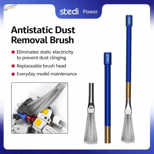 Blue and gold-handled stedi ms-86 anti-static dust brush with replaceable silver bristle head for scale modeling tools