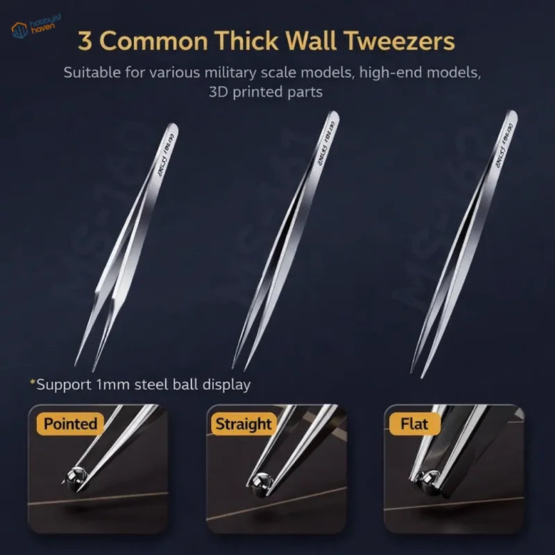 Stedi stainless steel sturdy tweezers set with thick walls and pointed, straight, and flat tips for fine rigging and small parts