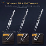 Stedi stainless steel sturdy tweezers set with thick walls and pointed, straight, and flat tips for fine rigging and small parts
