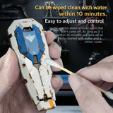 White and blue plastic gundam scale model with rust-colored weathering using stedi weathering wash details