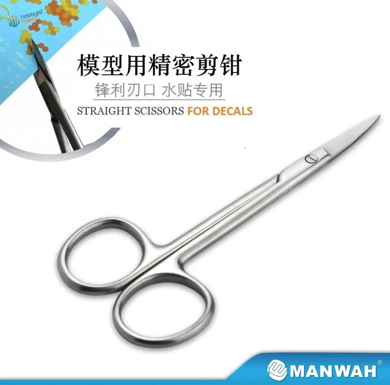 Silver straight scissors with sharp stainless steel blades for precision decal cutting