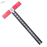 Red and black T shaped ruler pro with markings and holes