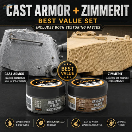 Two black-lidded liang brand texture paste jars labeled cast armor and zimmerit for creating realistic armor textures