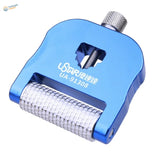 Blue aluminum-handled texture roller with sharpening holder for scale modeling tools