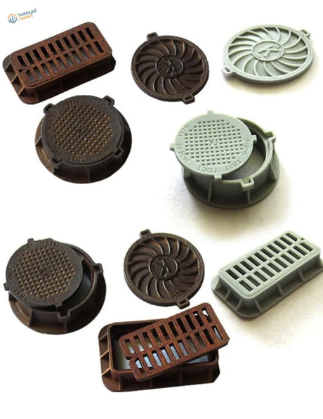 Three 1/35 resin sewage covers with brown gray slotted designs