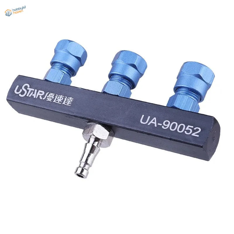 Blue anodized three point airbrush joint UA-90052 with silver connector