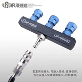 Three point airbrush joint: Black Ustar UA-90052 tool with blue connectors