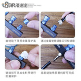 Three point airbrush joint: blue black metal tool with threaded connectors