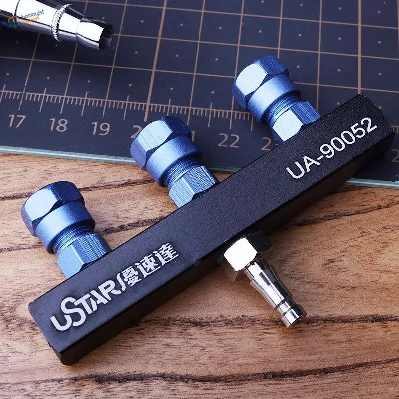 Three point airbrush joint: black and blue aluminum pressure gauge adapter