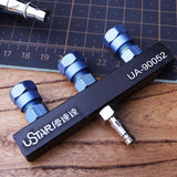 Three point airbrush joint: black and blue aluminum pressure gauge adapter