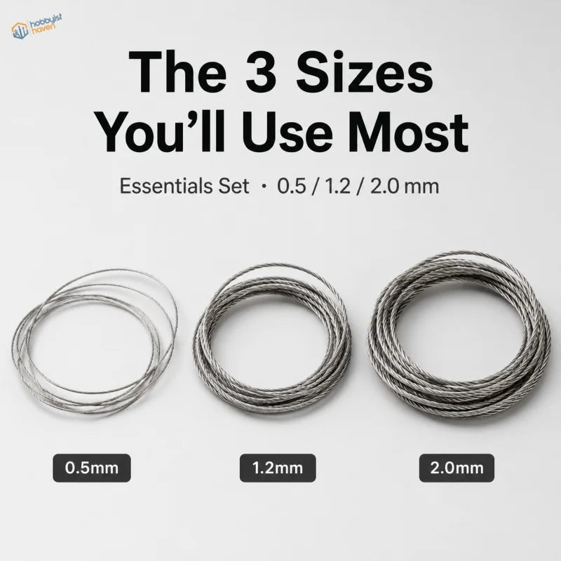 Three coiled stainless steel tow cables in 0.5mm 1.2mm and 2.0mm for scale model tanks use