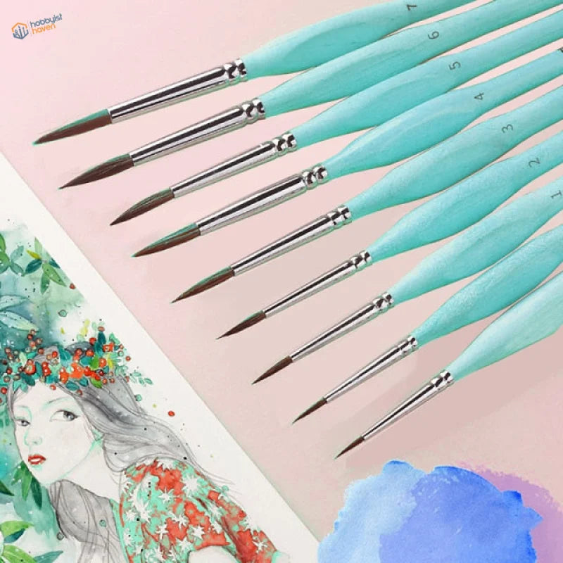 Triangular handle precision brushes: 10 turquoise-handled with silver ferrules