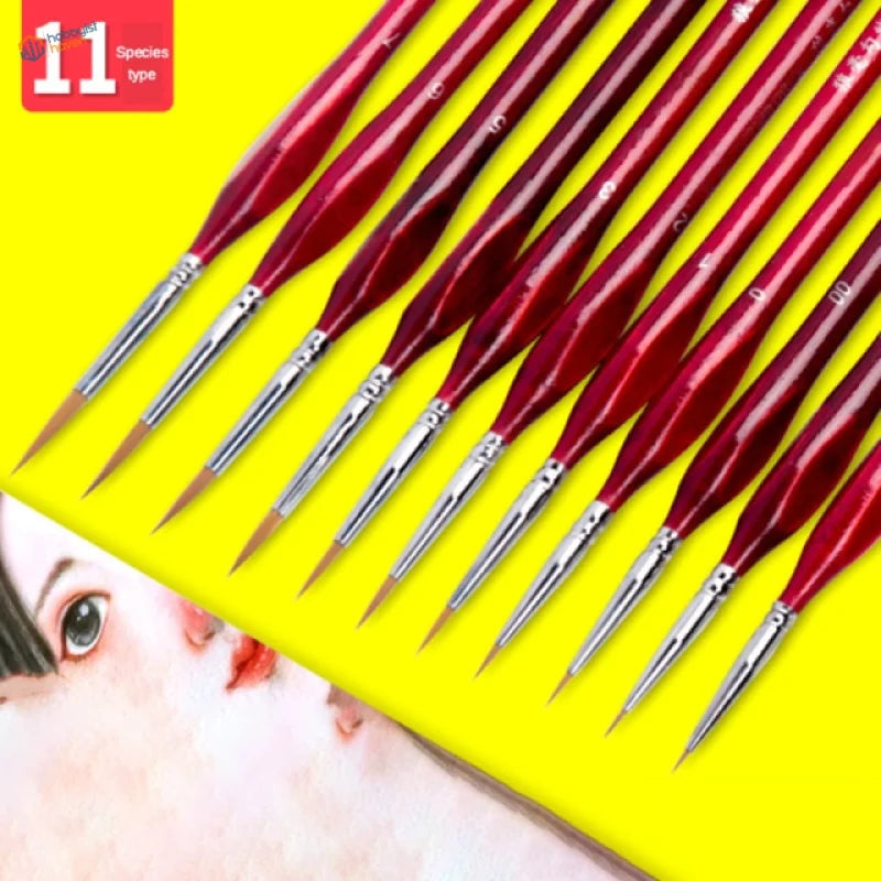 Triangular handle precision brushes, 11 red-handled fine-tipped set