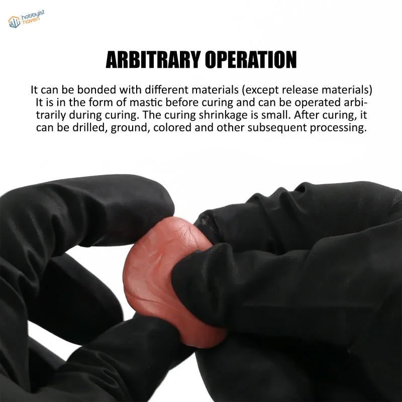 Gloved hands handling pliable reddish-orange two component epoxy putty