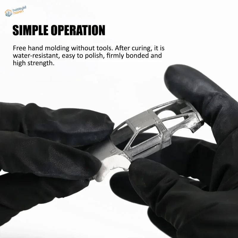 Silver translucent resin car model mid-cure with two component epoxy putty