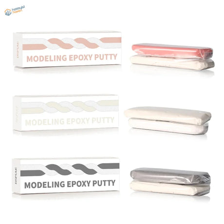 Two component epoxy putty in pink, off-white, gray packaging